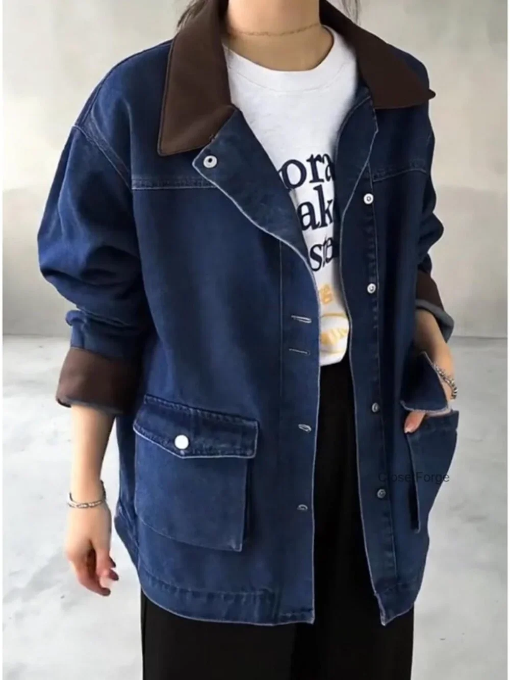 Oversized Y2K Denim Jacket Vintage Relaxed Fit Faux Leather Collar Long Sleeve